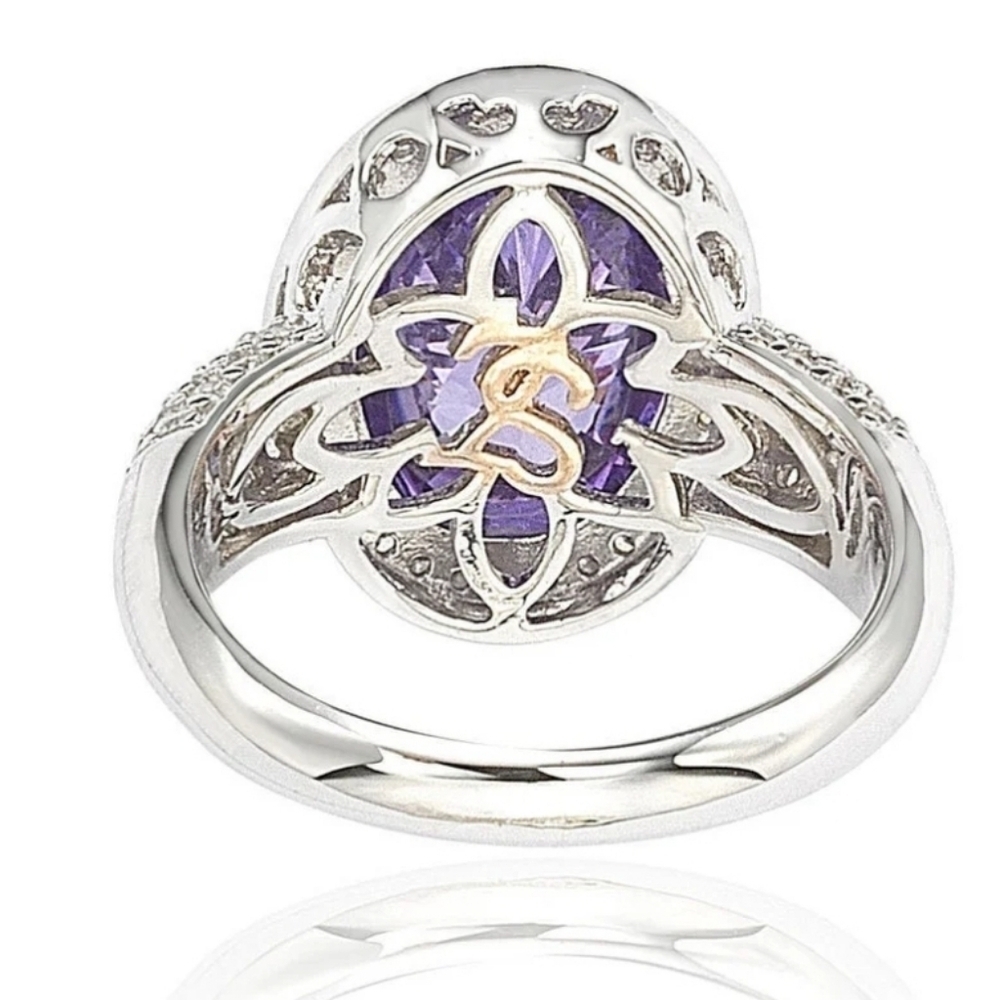 💜▪️Suzy Levian▪️ Sterling Silver Purple Cubic Zirconia Checkered Cut Ring - Picture 4 of 9